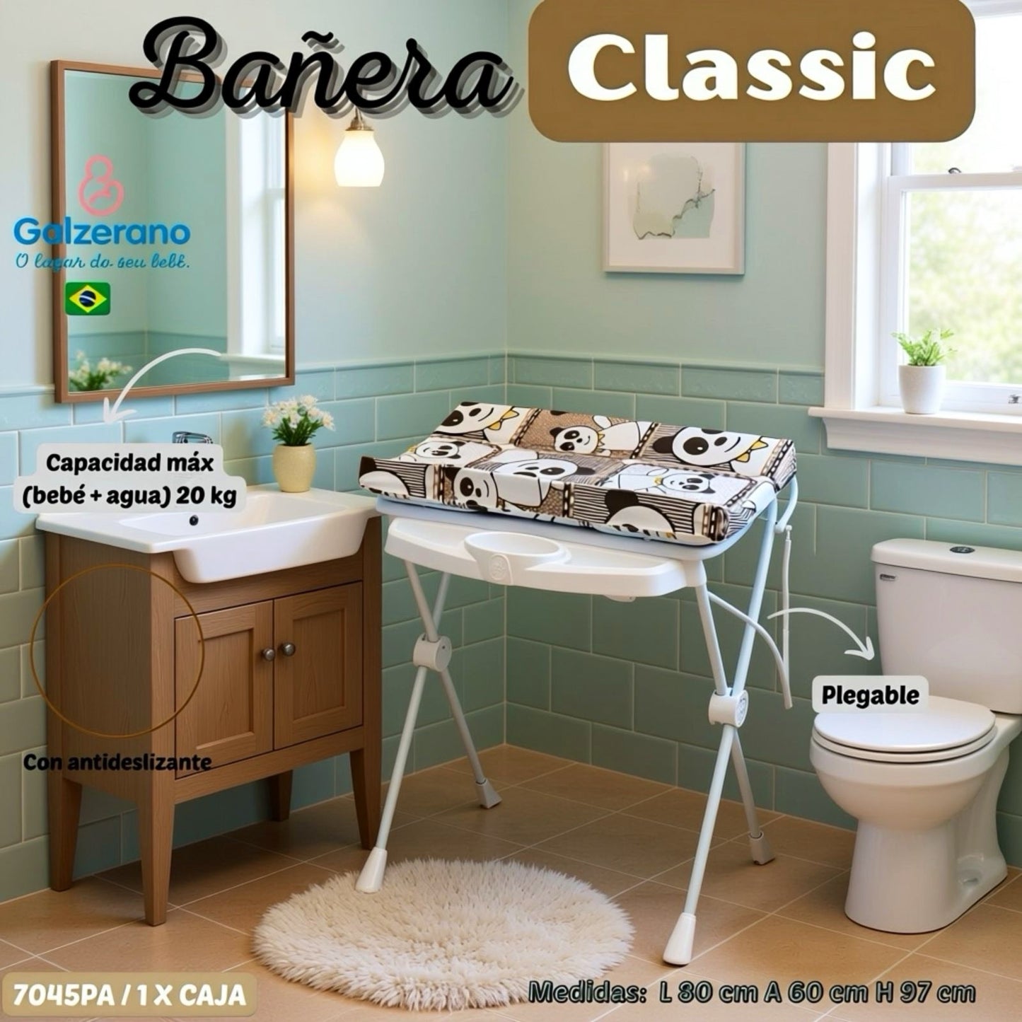 Galzerano Bañera Classic c/ Cambiador + Antideslizante Zoo Panda R.N.-20 kg – Ref. 7045
