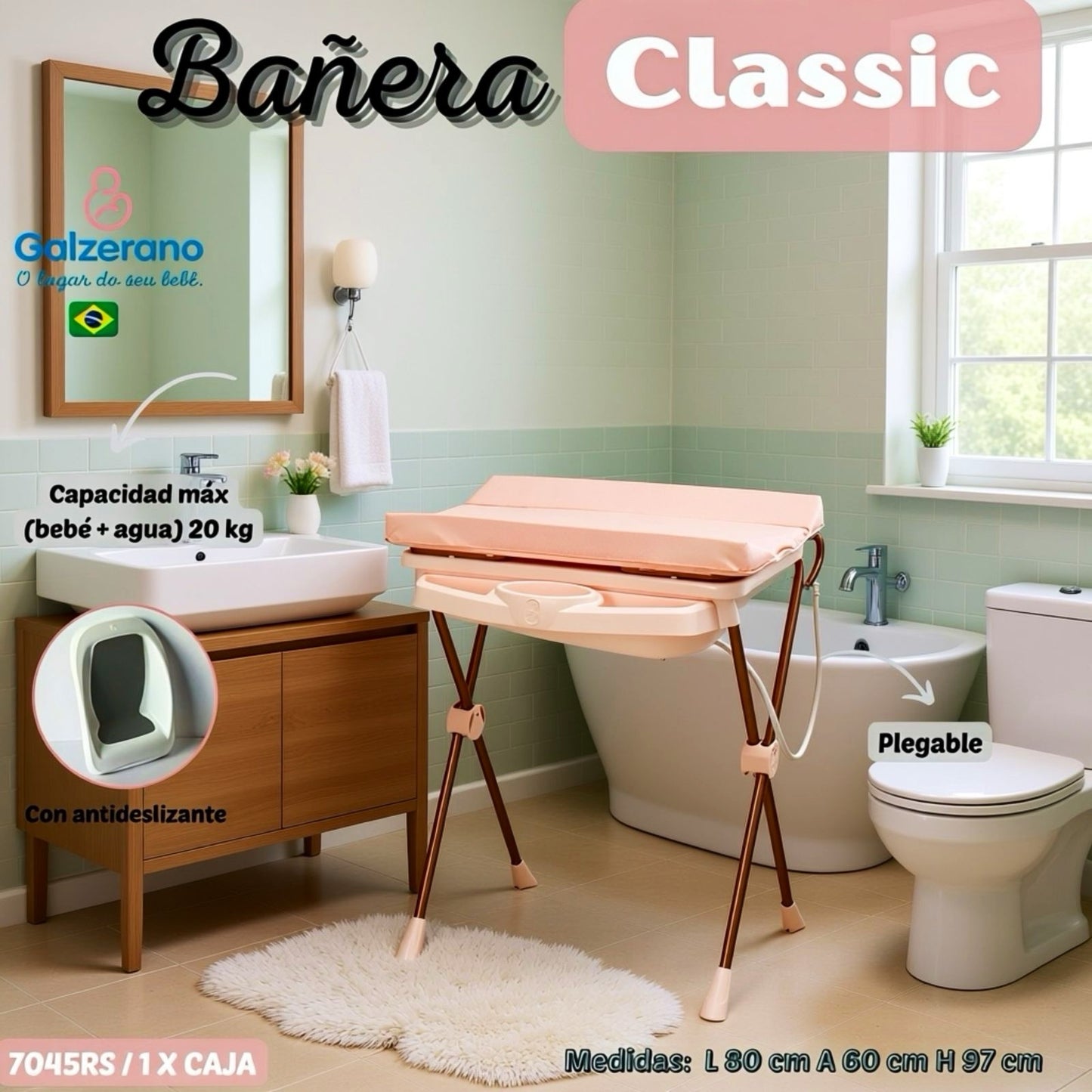 Galzerano Bañera Classic c/ Cambiador + Antideslizante Rosa R.N.-20 kg – Ref. 7045