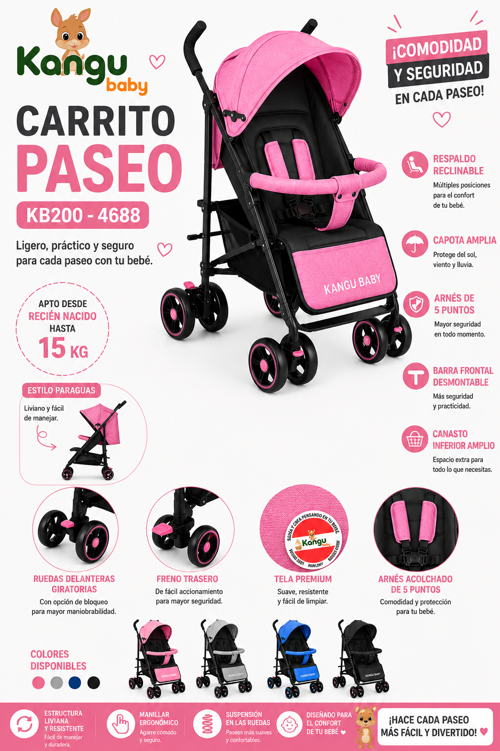 Kangu Baby Carrito Paseo Color Rosa KB200 – 4688