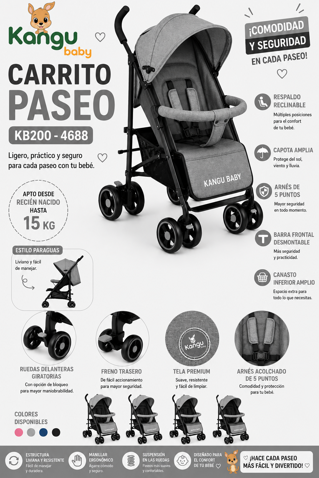 Kangu Baby Carrito Paseo Color Gris KB200 – 4688 (Cópia)