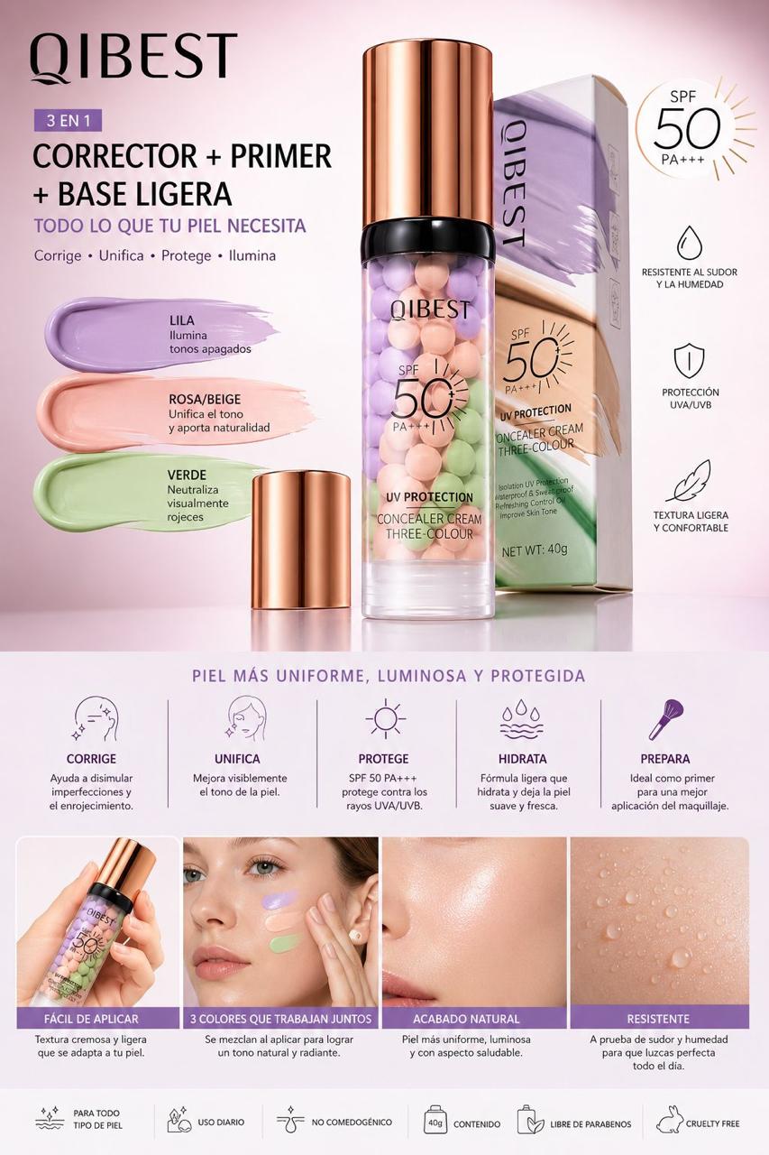 Bellesa Qibest 3en1 Corrector + Primer + Base Ligera SPF 50 PA+++