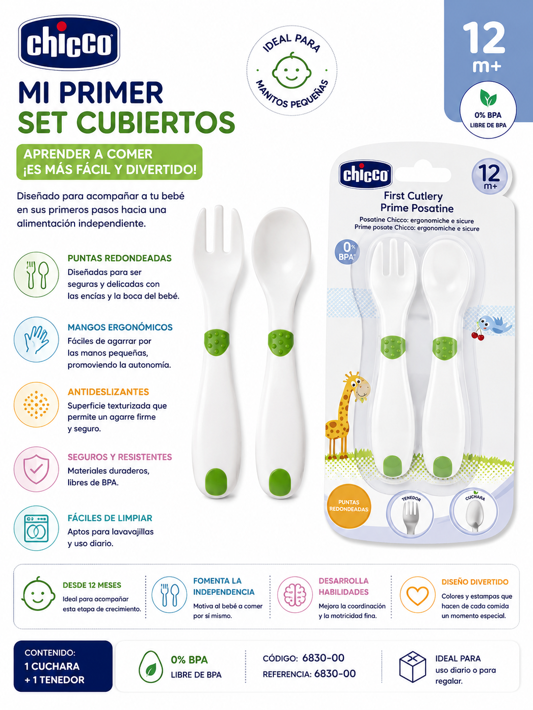 Chicco Mi primer set de cubiertos blanco con verde 12M+ 6830-00
