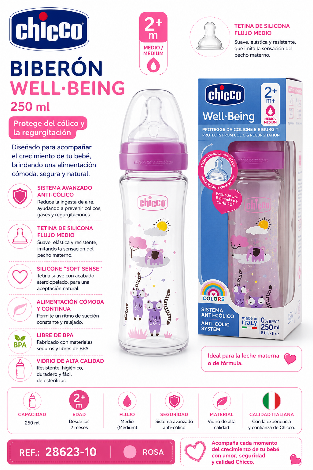 Chicco Biberón Well-Being 250 ml 2M+ Rosa
Ref.: 28623-10/20