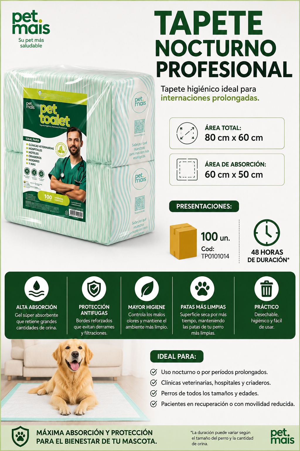 Nuevo Pet’s 🐾 Tapete Higiénico Nocturno Profesional 80X60 100 unidades - TP0101014