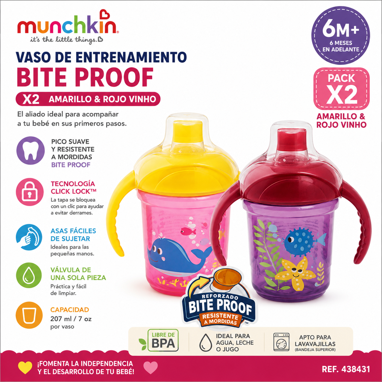 Munchkin Vaso de Entrenamiento Bite Proof X2 – Lila & Rosa 6M+ | Ref. 438431 💛🩷