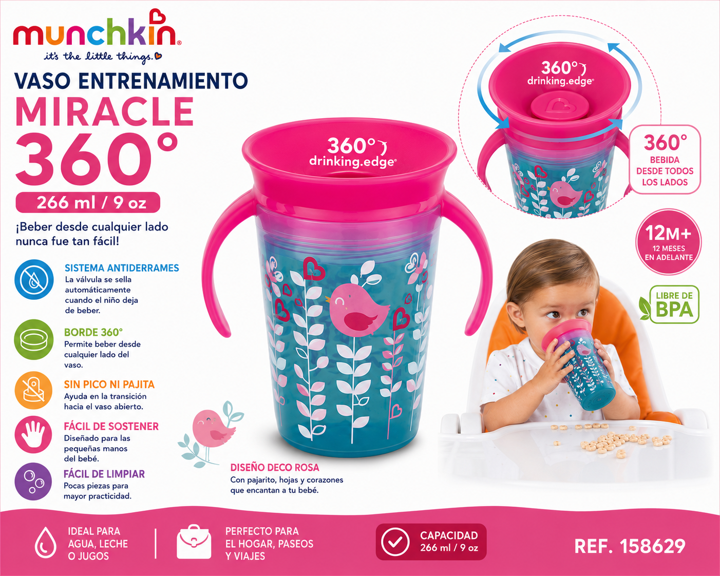 Munchkin Vaso de Entrenamiento Miracle 360° Rosa 266 ml – 12M+ | Ref. 158629 🩷🐦🌿
