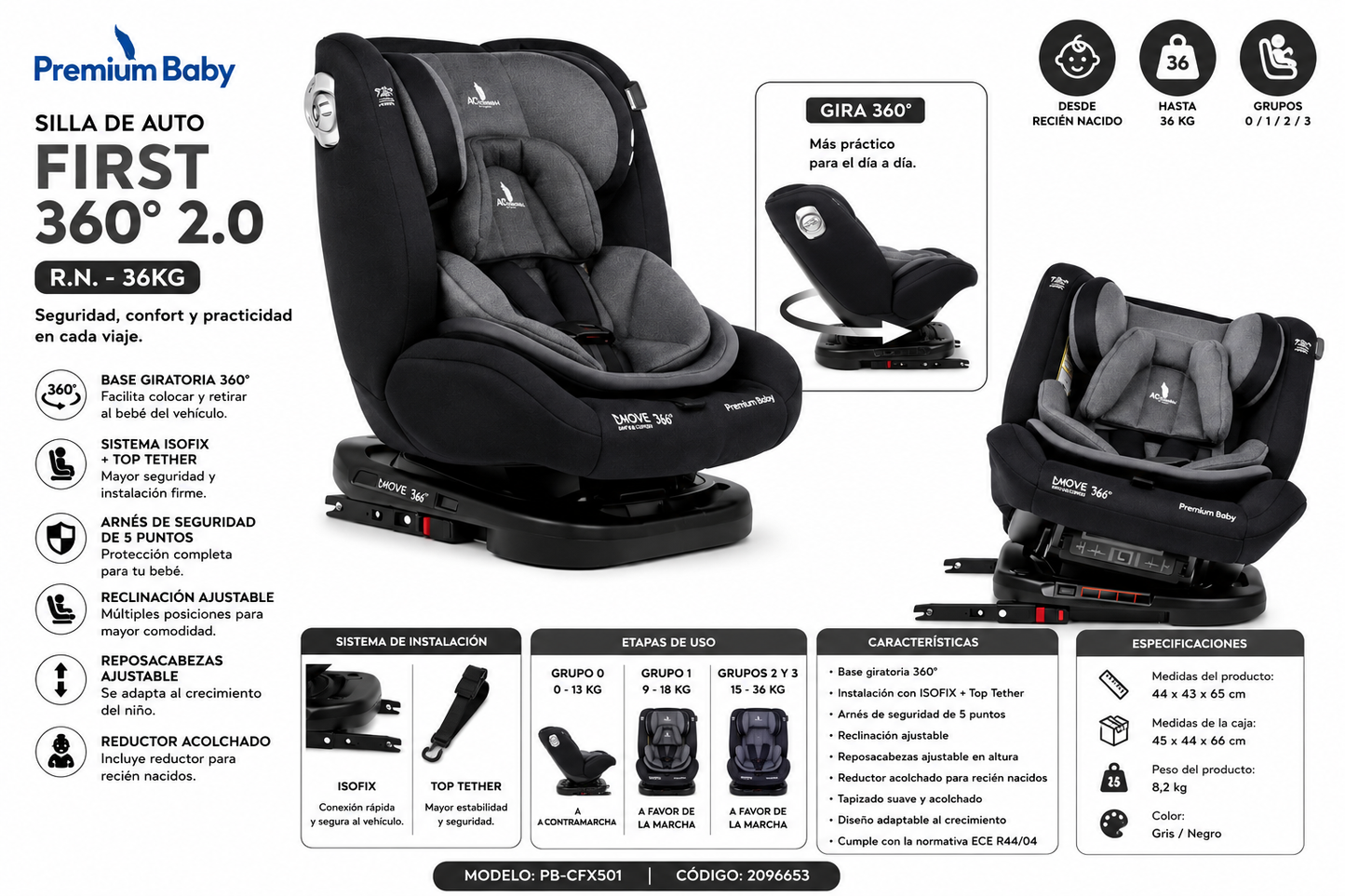 Premium Baby Silla de Auto First 360° 2.0 ISOFIX & Top Tether Gris/Negro R.N.–36 kg – PB-CFX501 / 2096653