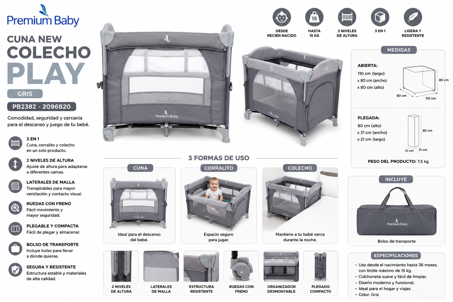 Premium Baby Cuna New Colecho Play Gris R.N.–15 kg – PB2382 / 2096820