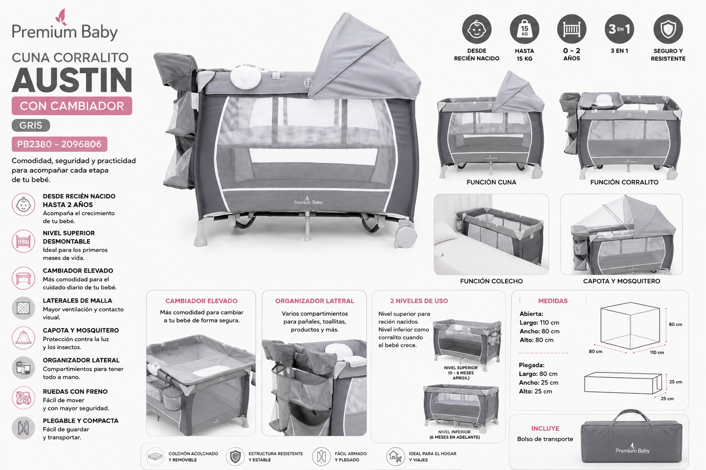 Premium Baby Cuna Corralito Austin con Cambiador Gris R.N.–2 Años – PB2380 / 2096806