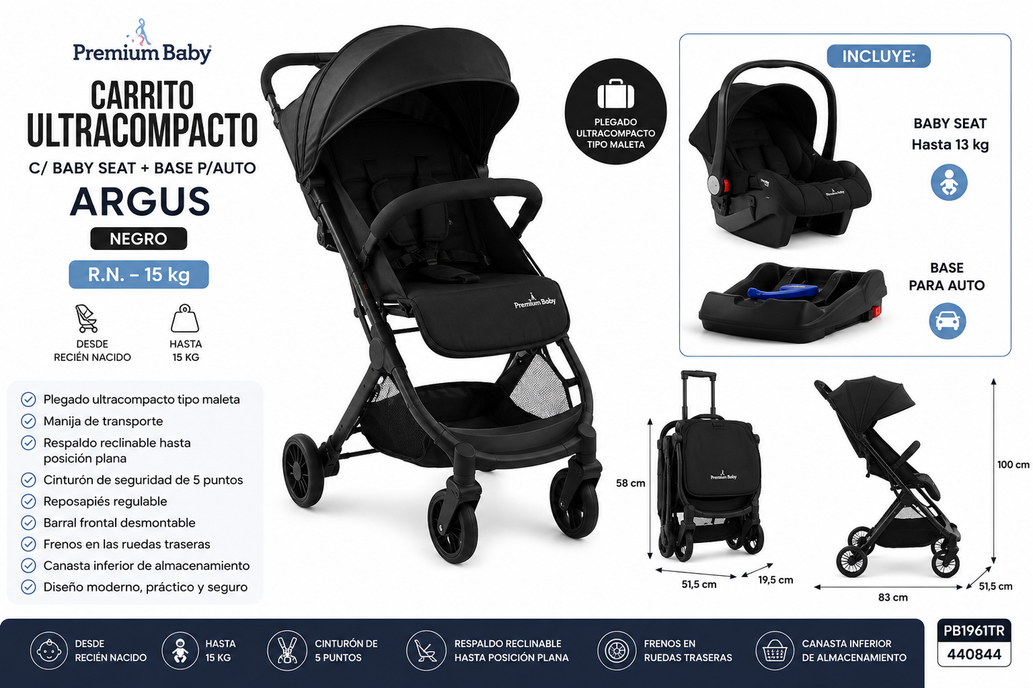 Premium Baby Carrito Ultracompacto con Baby Seat + Base para Auto Argus Negro R.N.–15 kg – PB1961TR / 440844