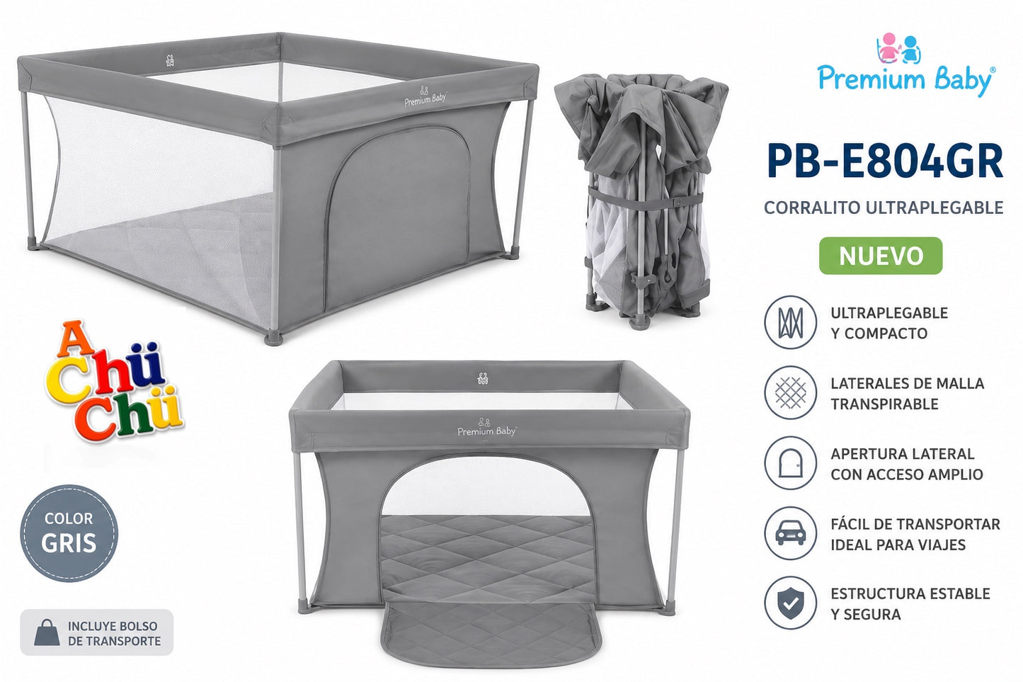 Premium Baby Corralito Ultraplegable Gris 125x125cm – PB-E804GR / 74531 💛