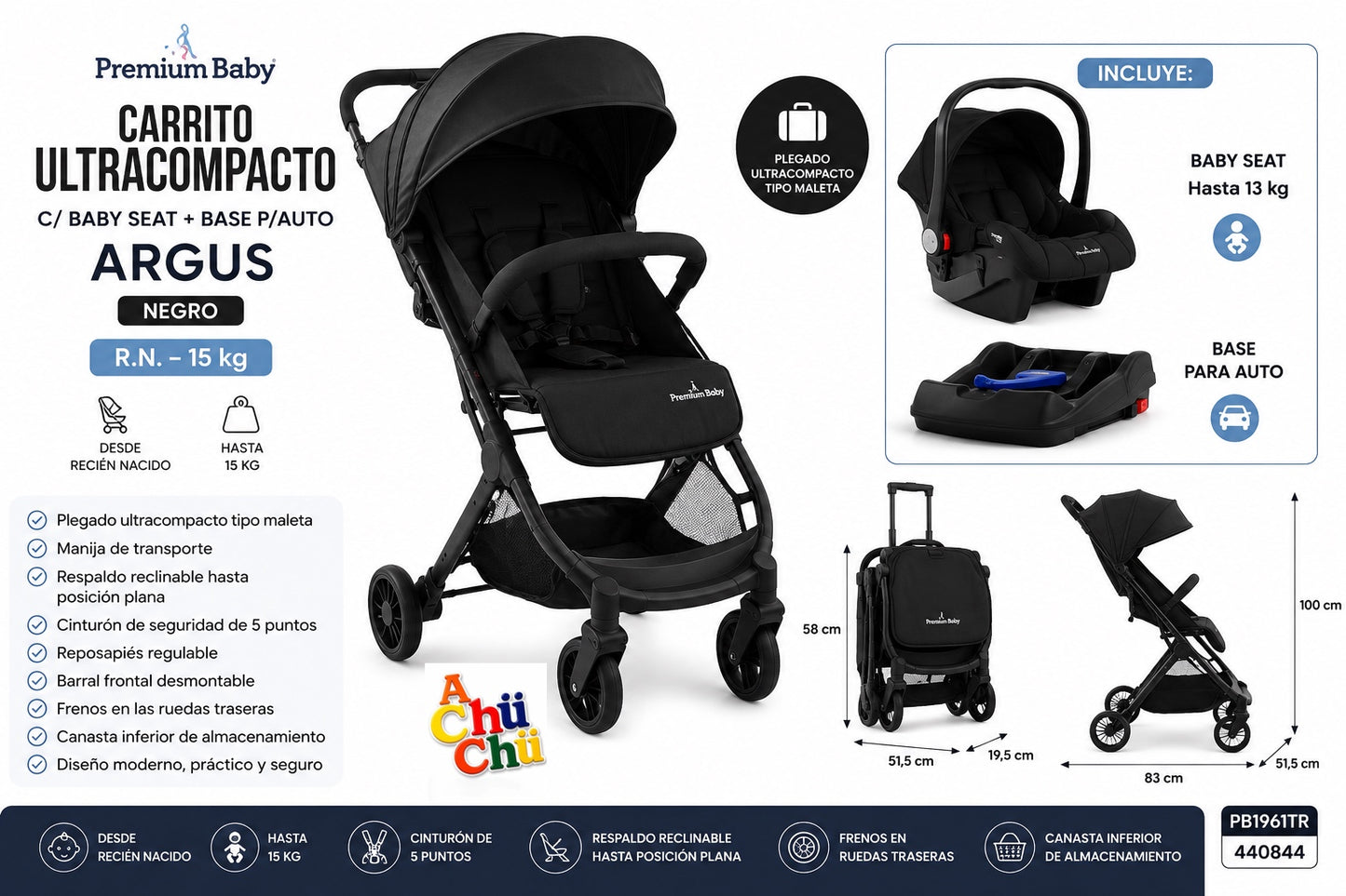 Premium Baby Carrito Ultracompacto con Baby Seat + Base para Auto Argus Negro R.N.–15 kg – PB1961TR / 440844 💚