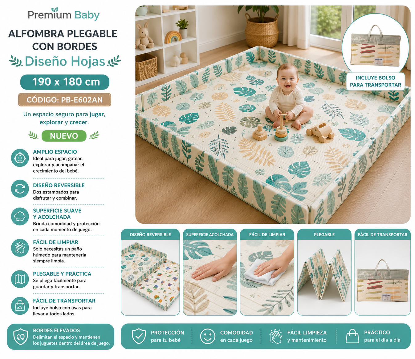 Premium Baby Alfombra Tapete Plegable con Bordes Diseño Hojas 190 × 180 cm PB-E602AN - 7453132849017 💛