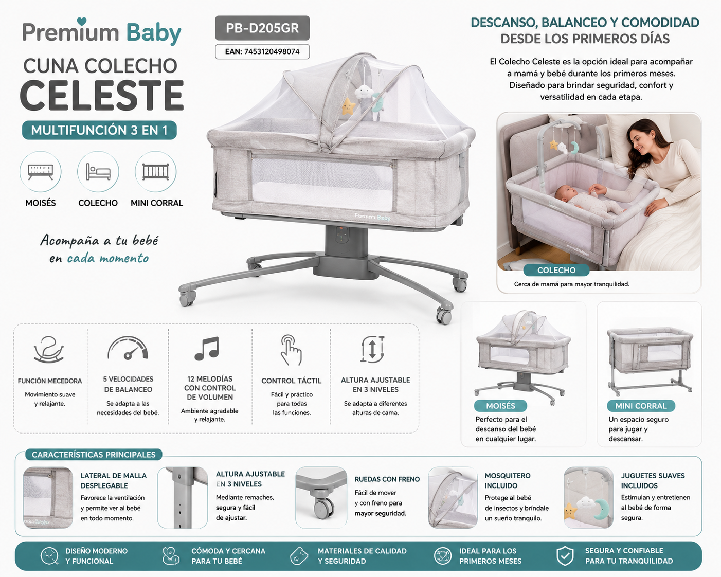 New ✨Premium Baby Cuna Colecho Celeste Multifunción – PB-D205GR / 7453120498074 🤍👶🎶