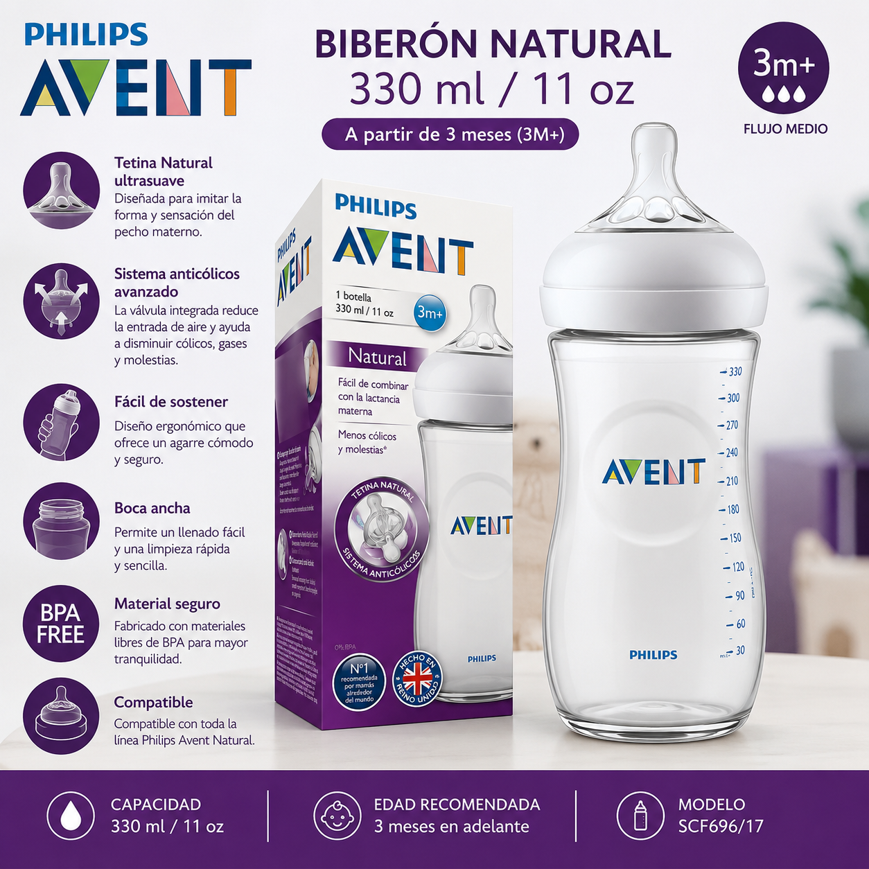Avent biberón Natural 330 ml 3M+ SCF696/17