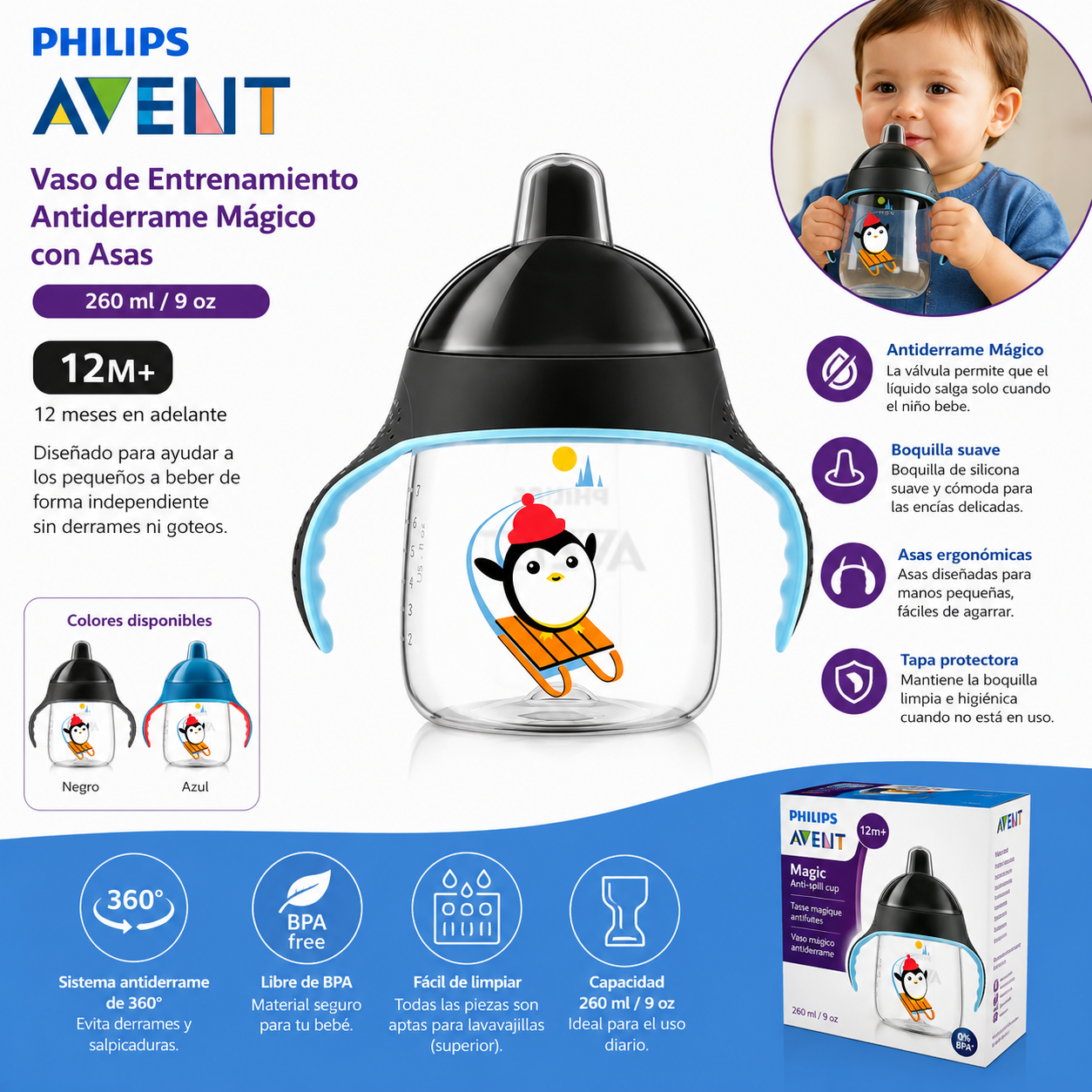 Avent Vaso de Entrenamiento Antiderrame Mágico con Asas 260ml – Negro Pingüino 12M+ 75303