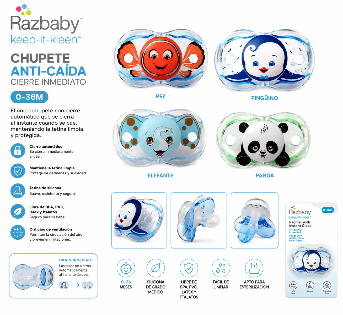 Razbaby Chupete Anti-Caída Cierre Inmediato 0–36M - 9898