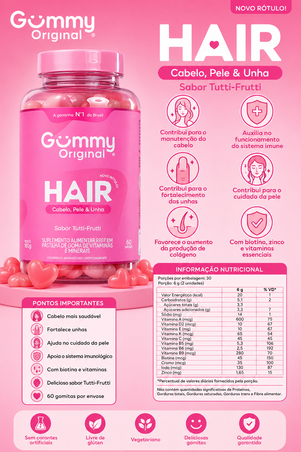 Gummy Original Hair – Cabello, Piel & Uñas (60 gomitas) 💗 * 💇 Cabello más saludable.
* 💅 Fortalece uñas.
* 🌸 Ayuda al cuidado de la piel.
* 🛡️ Apoya el sistema inmunológico.
* ✨ Con biotina y vitaminas.
* 🍓 Sabor Tutti-Frutti.
* 💗 60 g