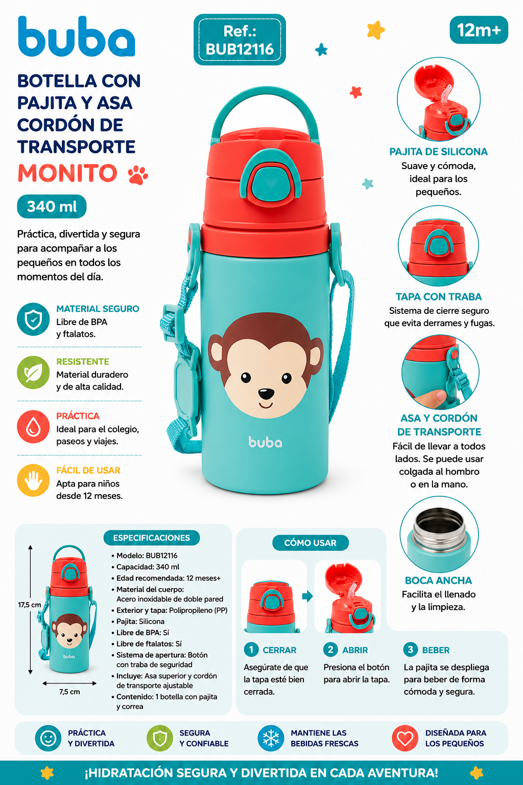 Buba Botella con Pajita y Asa con Cordón de Transporte Monito
340ml - 12m+ BUB12116 🐵