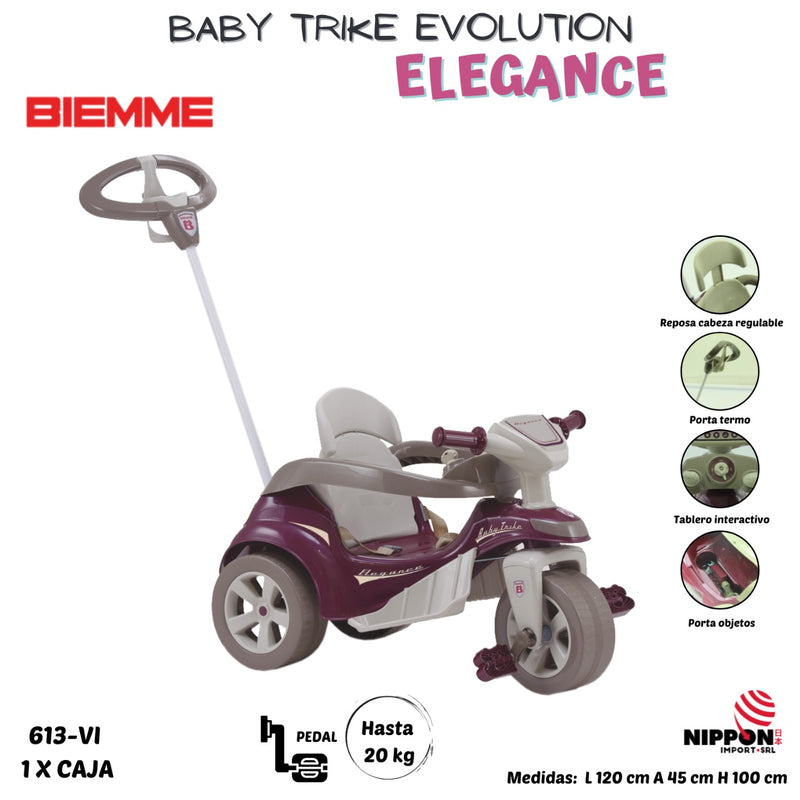 BABY INFANTIL TRICICLO TRIKE EVOLUTION CON VARILLA DE DIRECCION BY BIEMME 20KG - 613 ELEGANCE VINO