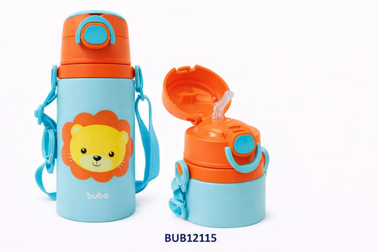 BUBA BOTELLA DE ALUMINIO C/PAJITA Y CORDON DE TRANSPORTE LEON - MONITO - UNICORNIO