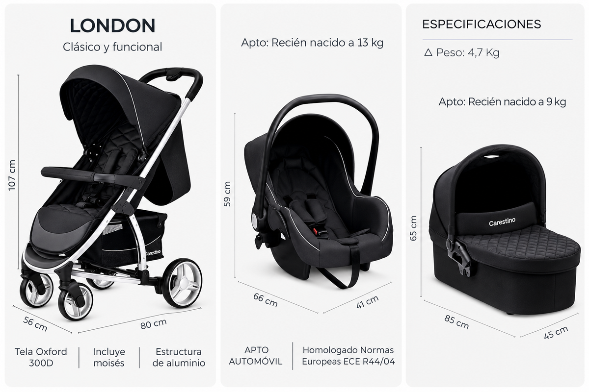 Carestino LONDON 3en1 es un sistema de paseo 3 en 1, pensado para acompañar al bebé desde recién nacido. Incluye cochecito, moisés y Baby Seat, que pueden acoplarse a la estructura según cada etapa 🧡