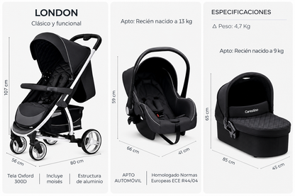 Carestino LONDON 3en1 es un sistema de paseo 3 en 1, pensado para acompañar al bebé desde recién nacido. Incluye cochecito, moisés y Baby Seat, que pueden acoplarse a la estructura según cada etapa 🧡