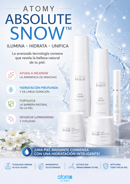 Atomy Absolute Snow set x5 ✨
Sistema Premium de Iluminación, Hidratación Profunda y Unificación del Tono de la Piel 🩵