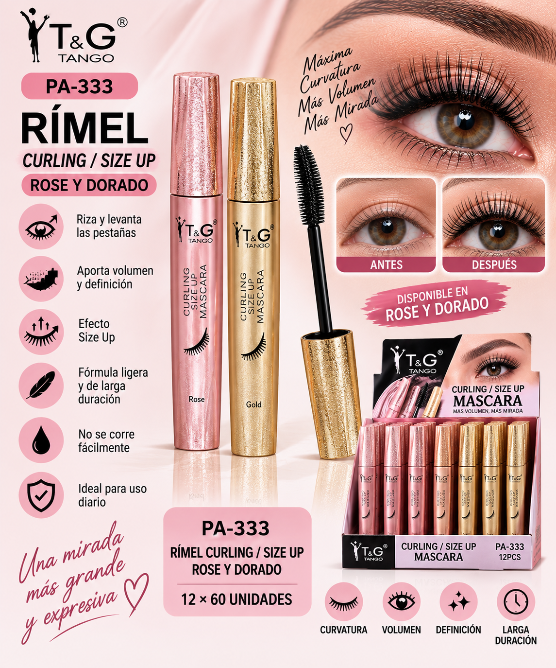 ✨T&G Rímel Curling / Size Up Rose y Dorado PA-333 x12 Box 💛