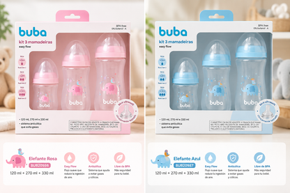 Buba Kit 3 Mamaderas Easy Flow 120 ml + 270 ml + 330 ml                  Elefante Rosa – BUB20986 - Elefante Azul – BUB20987 -