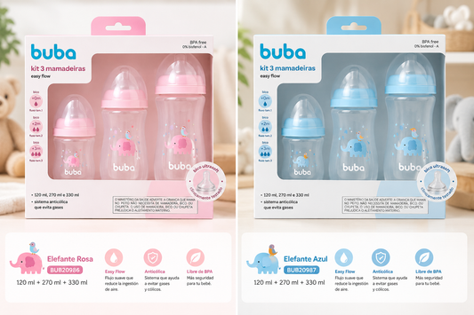 Buba Kit 3 Mamaderas Easy Flow 120 ml + 270 ml + 330 ml                  Elefante Rosa – BUB20986 - Elefante Azul – BUB20987 -