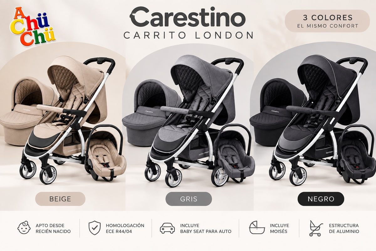 Carestino LONDON 3en1 es un sistema de paseo 3 en 1, pensado para acompañar al bebé desde recién nacido. Incluye cochecito, moisés y Baby Seat, que pueden acoplarse a la estructura según cada etapa 🧡