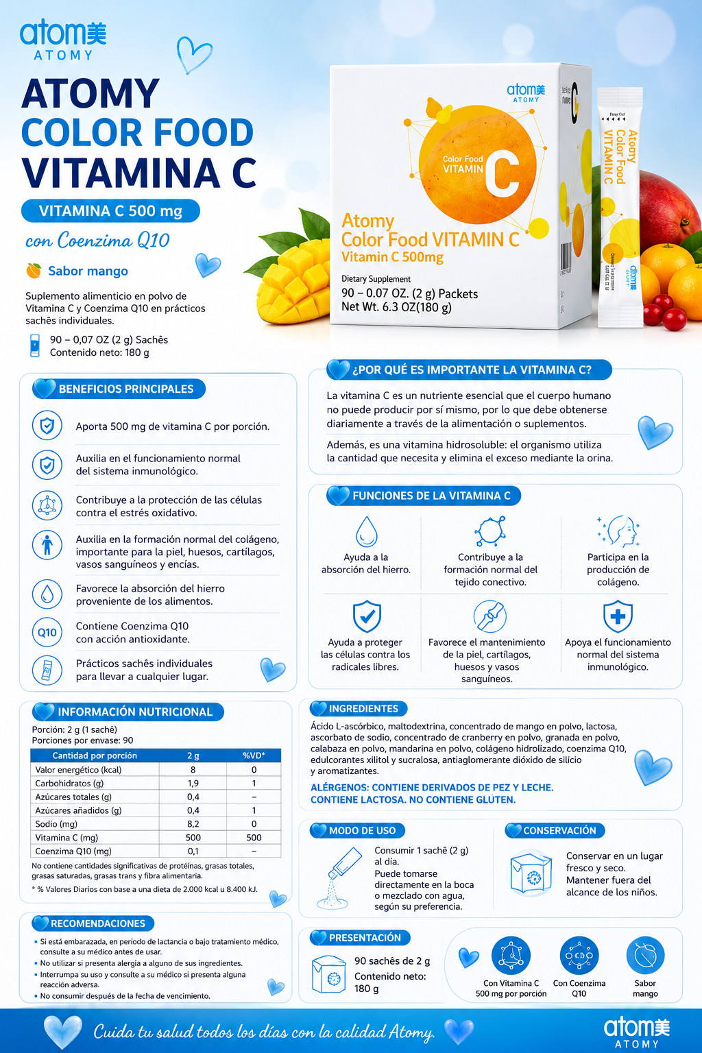 Atomy Color Food Vitamin C es un suplemento alimenticio en polvo que aporta 500mg de vitamina C por sobre, enriquecido con Coenzima Q10 y una combinación de extractos de frutas y vegetales. Cajita x90 ✨
