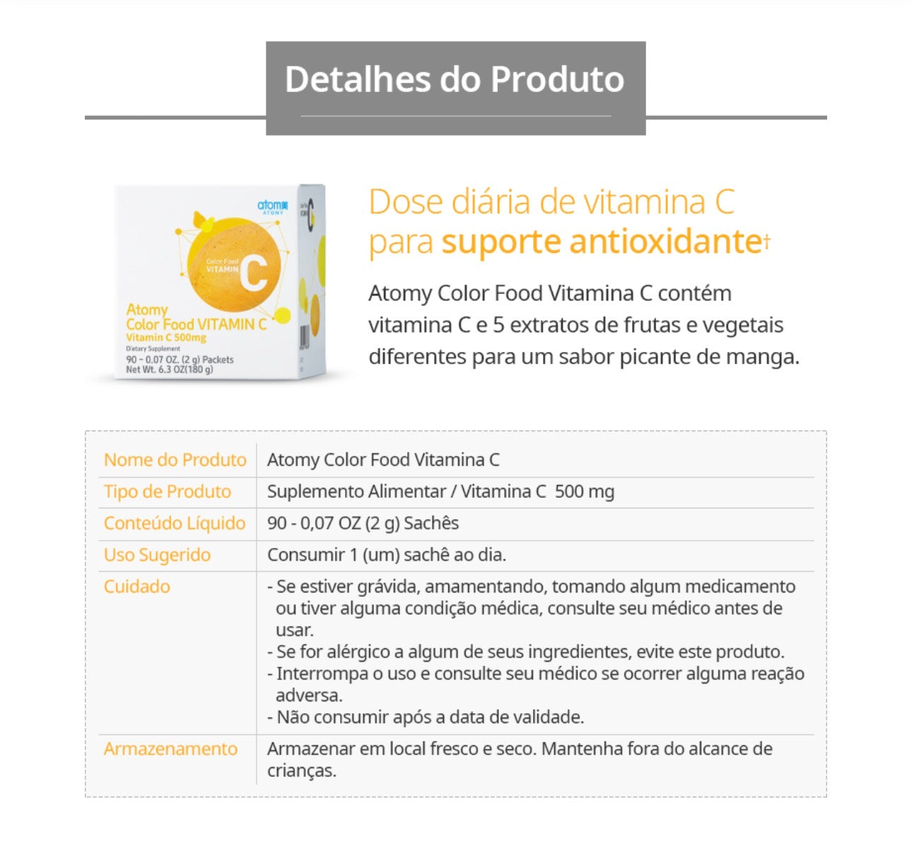 Atomy Color Food Vitamin C es un suplemento alimenticio en polvo que aporta 500mg de vitamina C por sobre, enriquecido con Coenzima Q10 y una combinación de extractos de frutas y vegetales. Cajita x90 ✨