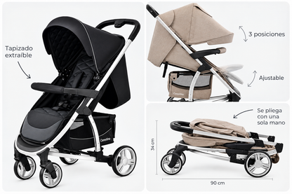 Carestino LONDON 3en1 es un sistema de paseo 3 en 1, pensado para acompañar al bebé desde recién nacido. Incluye cochecito, moisés y Baby Seat, que pueden acoplarse a la estructura según cada etapa 🧡
