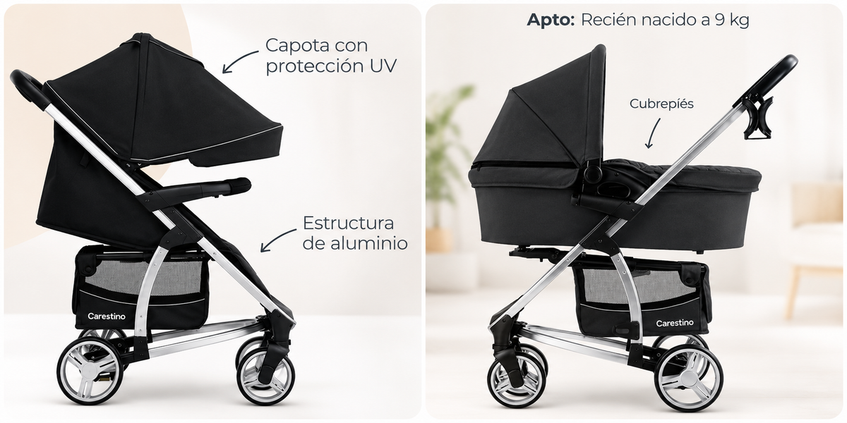 Carestino LONDON 3en1 es un sistema de paseo 3 en 1, pensado para acompañar al bebé desde recién nacido. Incluye cochecito, moisés y Baby Seat, que pueden acoplarse a la estructura según cada etapa 🧡