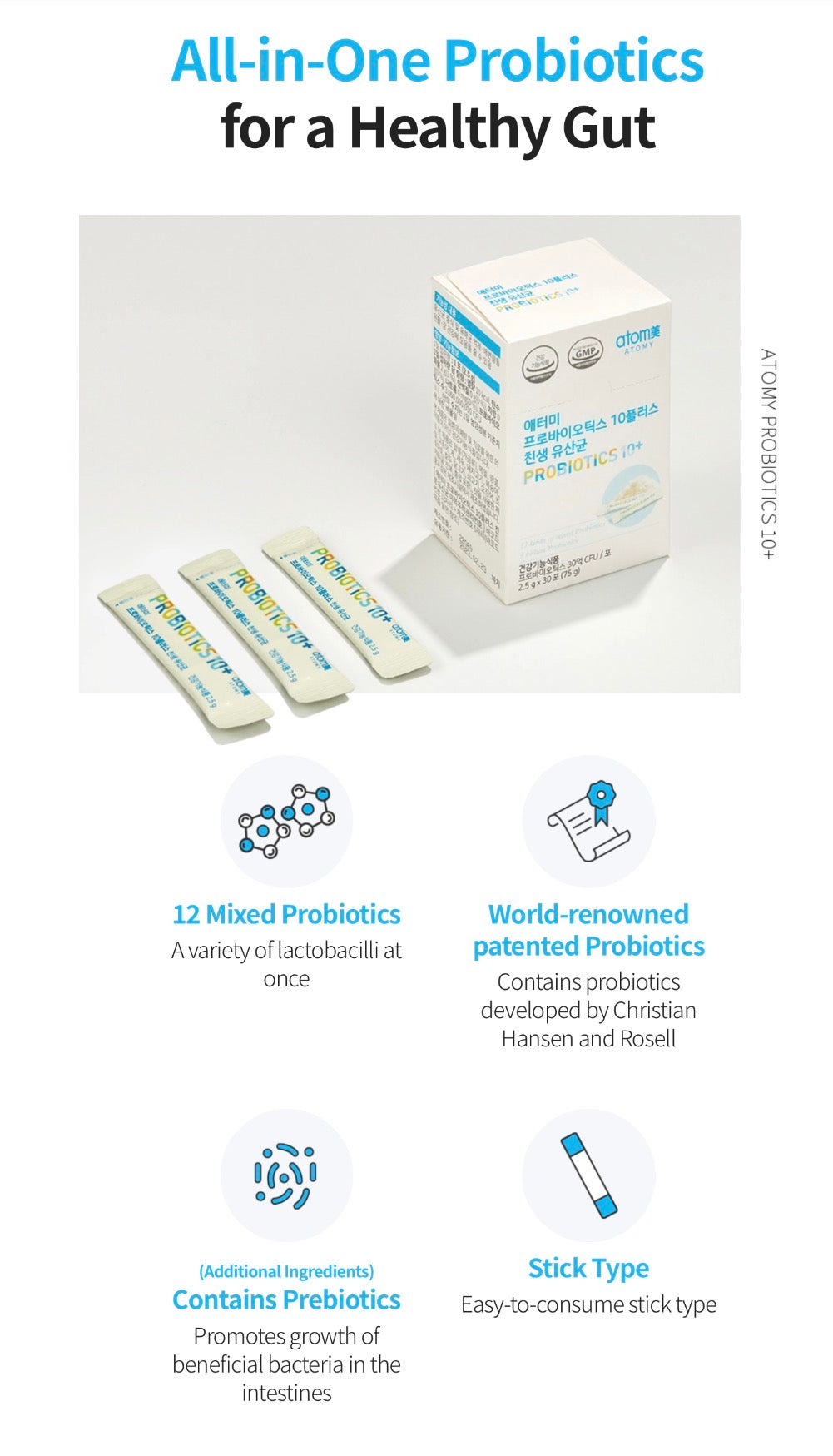 🩵💙 Atomy Probiotics 10+ ✨
🌿 12 cepas de probióticos.
🦠 3 mil millones de UFC por sobre.
🌱 Con prebióticos (FOS y GOS).
💙 Ayuda a mantener el equilibrio de la flora intestinal.