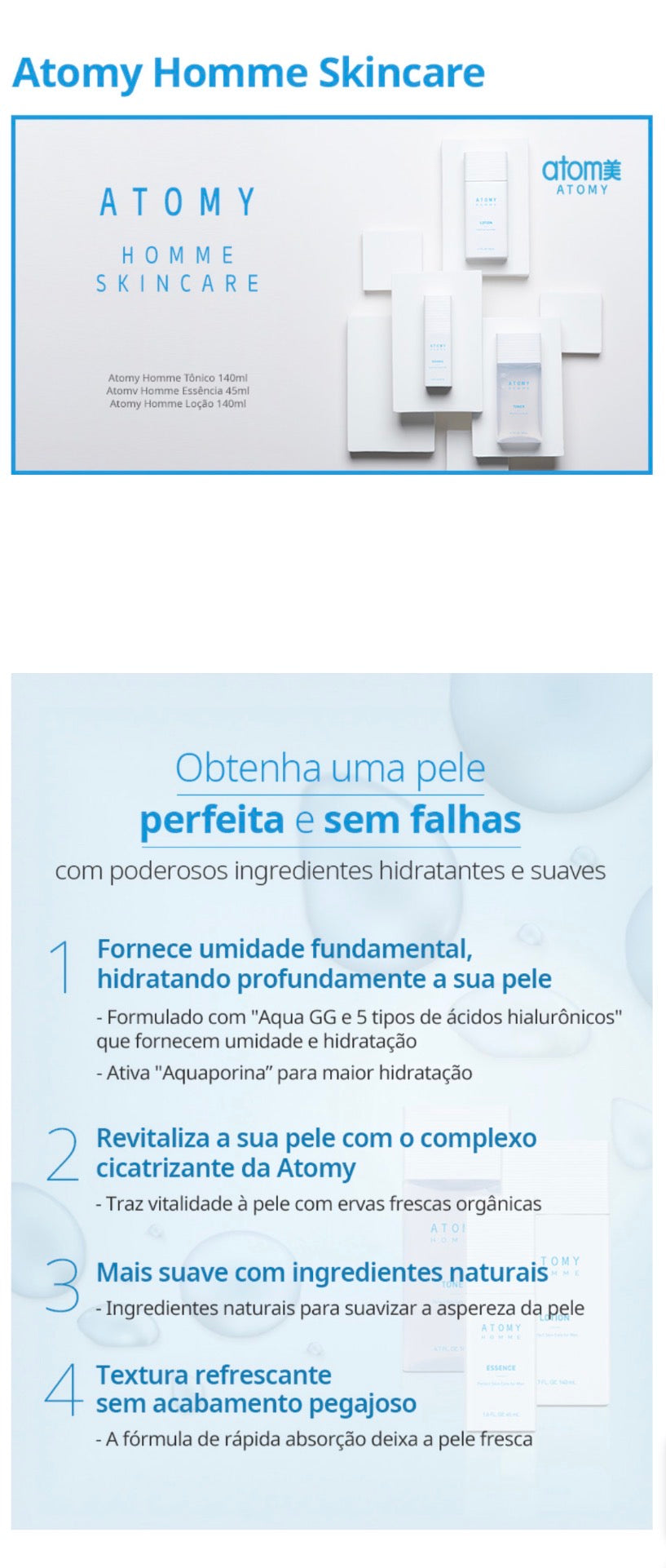 Atomy Homme Skin Care (Tónico + Esencia + Loción)                      1. Atomy Homme Toner (140 ml) 2. Atomy Homme Essence (45 ml) 3. Atomy Homme Lotion (140 ml) ✨🩵💙