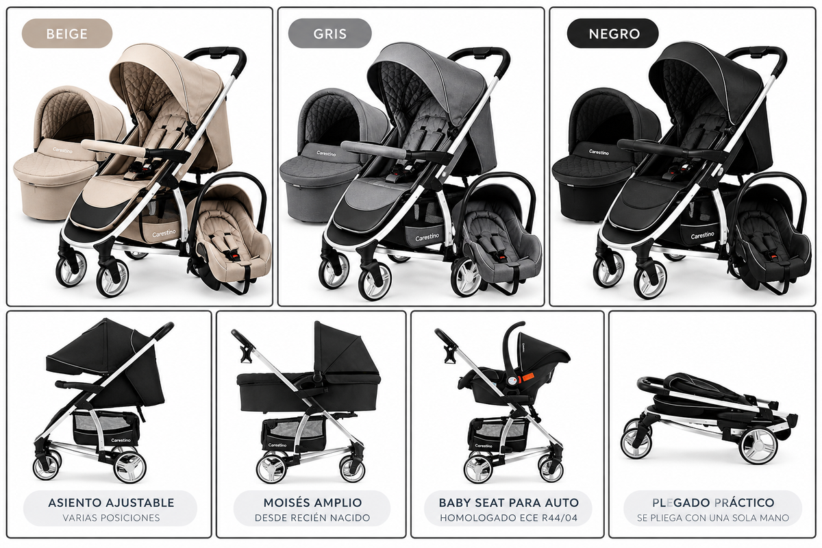 Carestino LONDON 3en1 es un sistema de paseo 3 en 1, pensado para acompañar al bebé desde recién nacido. Incluye cochecito, moisés y Baby Seat, que pueden acoplarse a la estructura según cada etapa 🧡