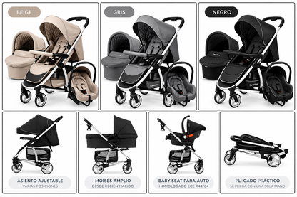 Carestino LONDON 3en1 es un sistema de paseo 3 en 1, pensado para acompañar al bebé desde recién nacido. Incluye cochecito, moisés y Baby Seat, que pueden acoplarse a la estructura según cada etapa 🧡