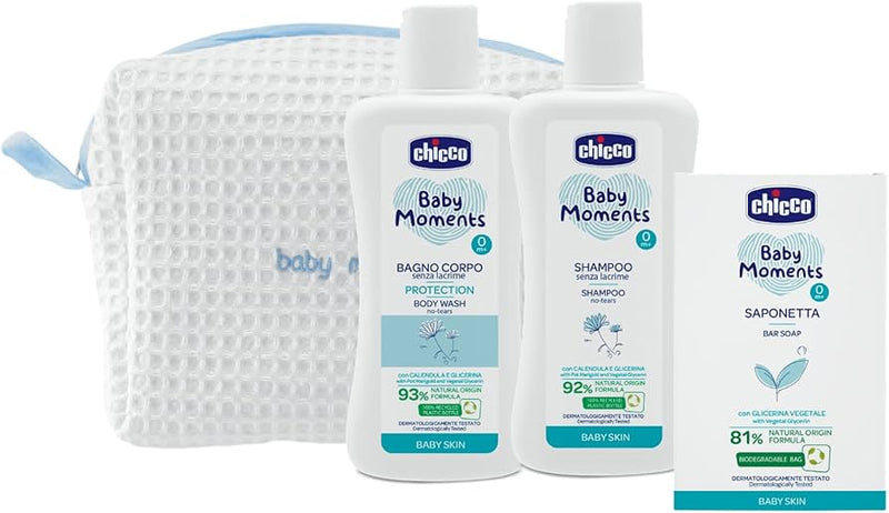 CHICCO HIGIENE BAÑO SET C/ ESTUCHE BOLSA X3 BABY MOMENTS AZUL / ROSA 10615-00 - 10616-00