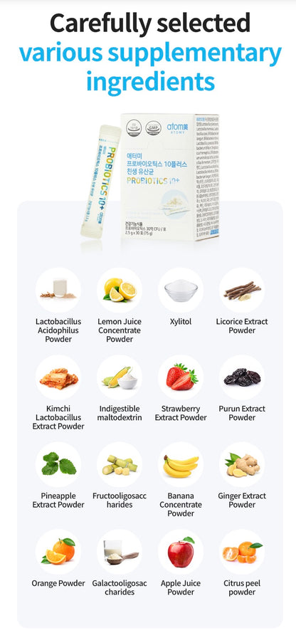 🩵💙 Atomy Probiotics 10+ ✨
🌿 12 cepas de probióticos.
🦠 3 mil millones de UFC por sobre.
🌱 Con prebióticos (FOS y GOS).
💙 Ayuda a mantener el equilibrio de la flora intestinal.