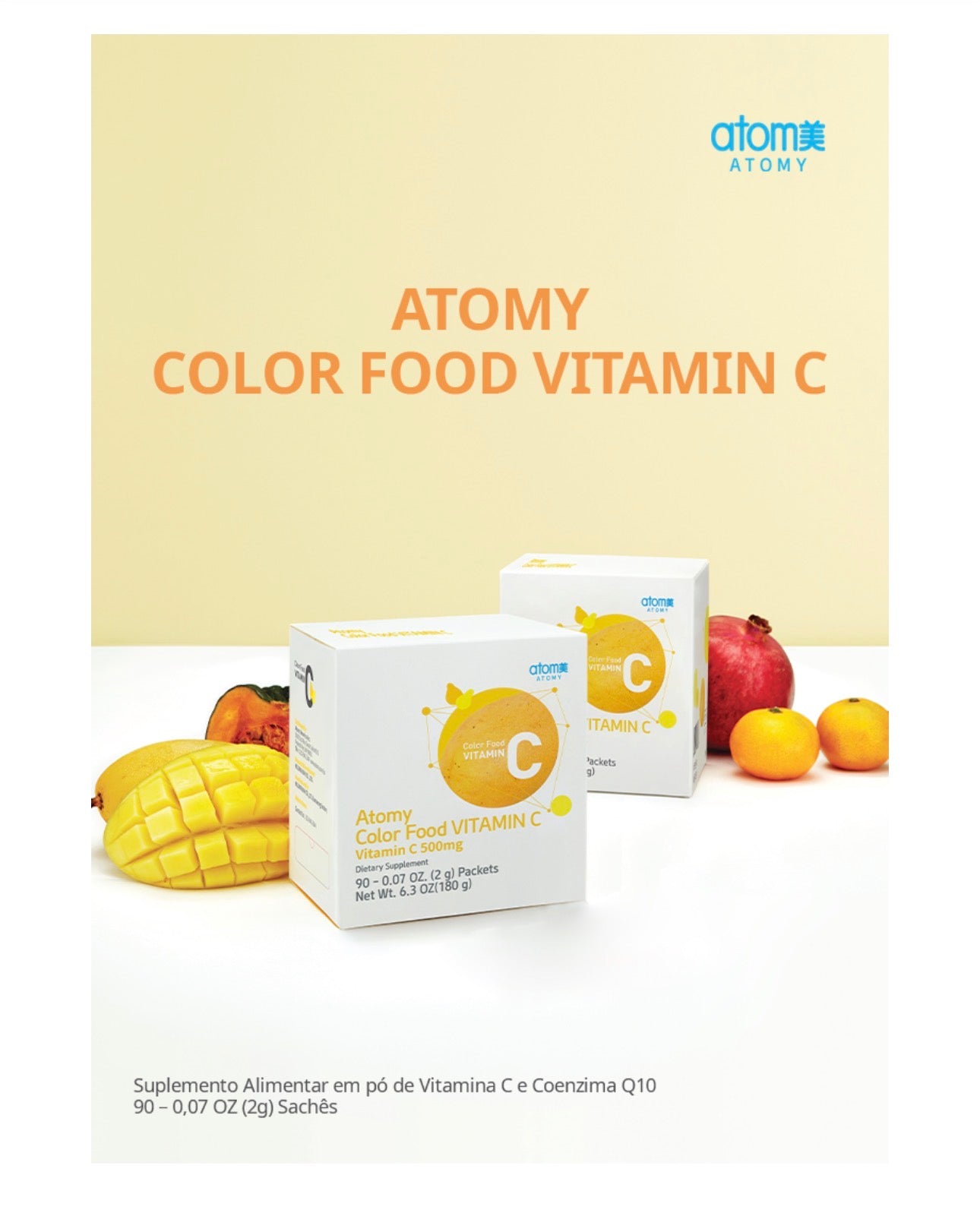 Atomy Color Food Vitamin C es un suplemento alimenticio en polvo que aporta 500mg de vitamina C por sobre, enriquecido con Coenzima Q10 y una combinación de extractos de frutas y vegetales. Cajita x90 ✨