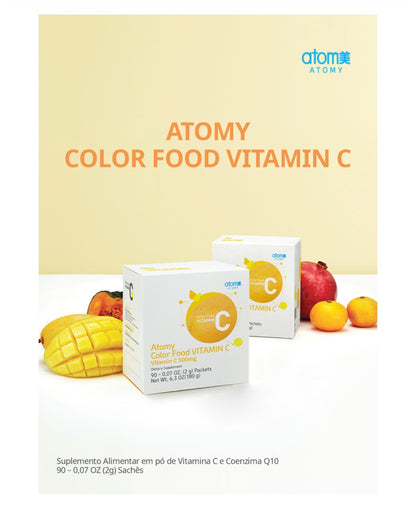 Atomy Color Food Vitamin C es un suplemento alimenticio en polvo que aporta 500mg de vitamina C por sobre, enriquecido con Coenzima Q10 y una combinación de extractos de frutas y vegetales. Cajita x90 ✨