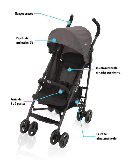 GRACO CARRITO PARAGUITA TEAVELITE - BLACK / GREY - PLEGADO RÁPIDO Y COMPACTO C/ASA R.N-22KG GR6BF999BGREU - 771682