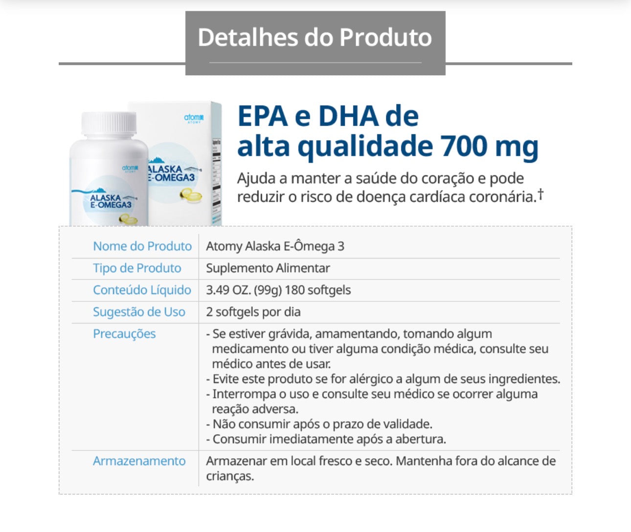 Atomy Alaska E-Omega3
Suplemento alimenticio de Omega-3 y Vitamina E - 180 cápsulas Soft Gel ✨
