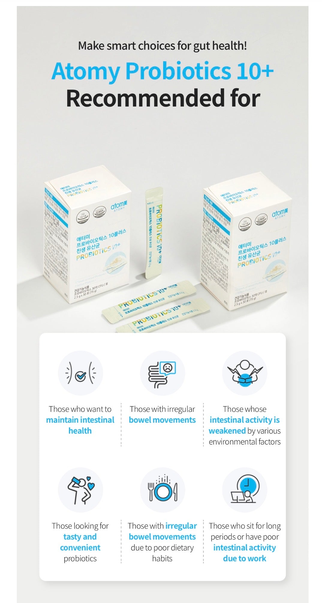 🩵💙 Atomy Probiotics 10+ ✨
🌿 12 cepas de probióticos.
🦠 3 mil millones de UFC por sobre.
🌱 Con prebióticos (FOS y GOS).
💙 Ayuda a mantener el equilibrio de la flora intestinal.