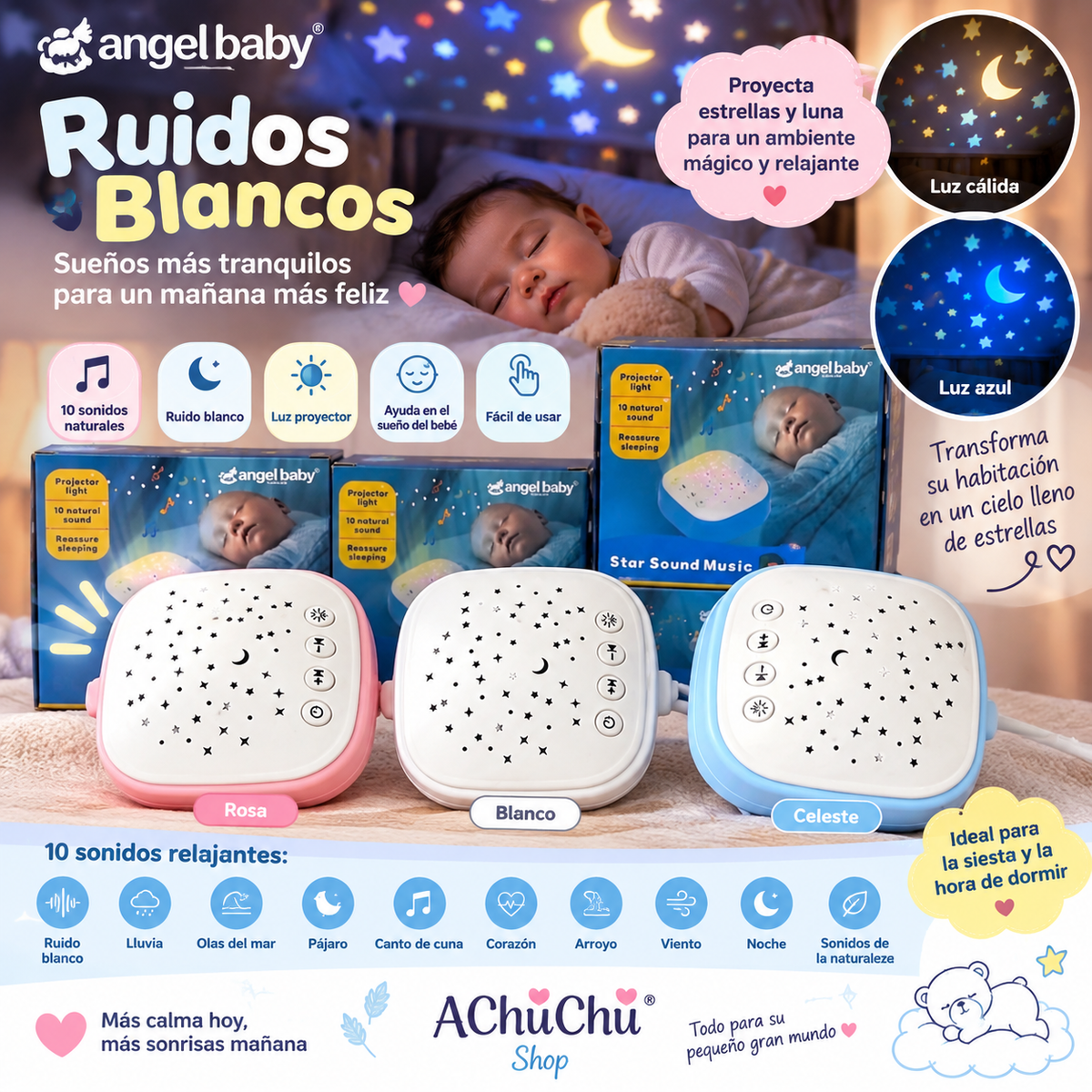 Proyector de Estrellas con Sonidos Relajantes para Bebé 💛