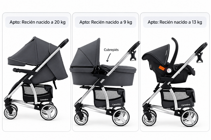 Carestino LONDON 3en1 es un sistema de paseo 3 en 1, pensado para acompañar al bebé desde recién nacido. Incluye cochecito, moisés y Baby Seat, que pueden acoplarse a la estructura según cada etapa 🧡