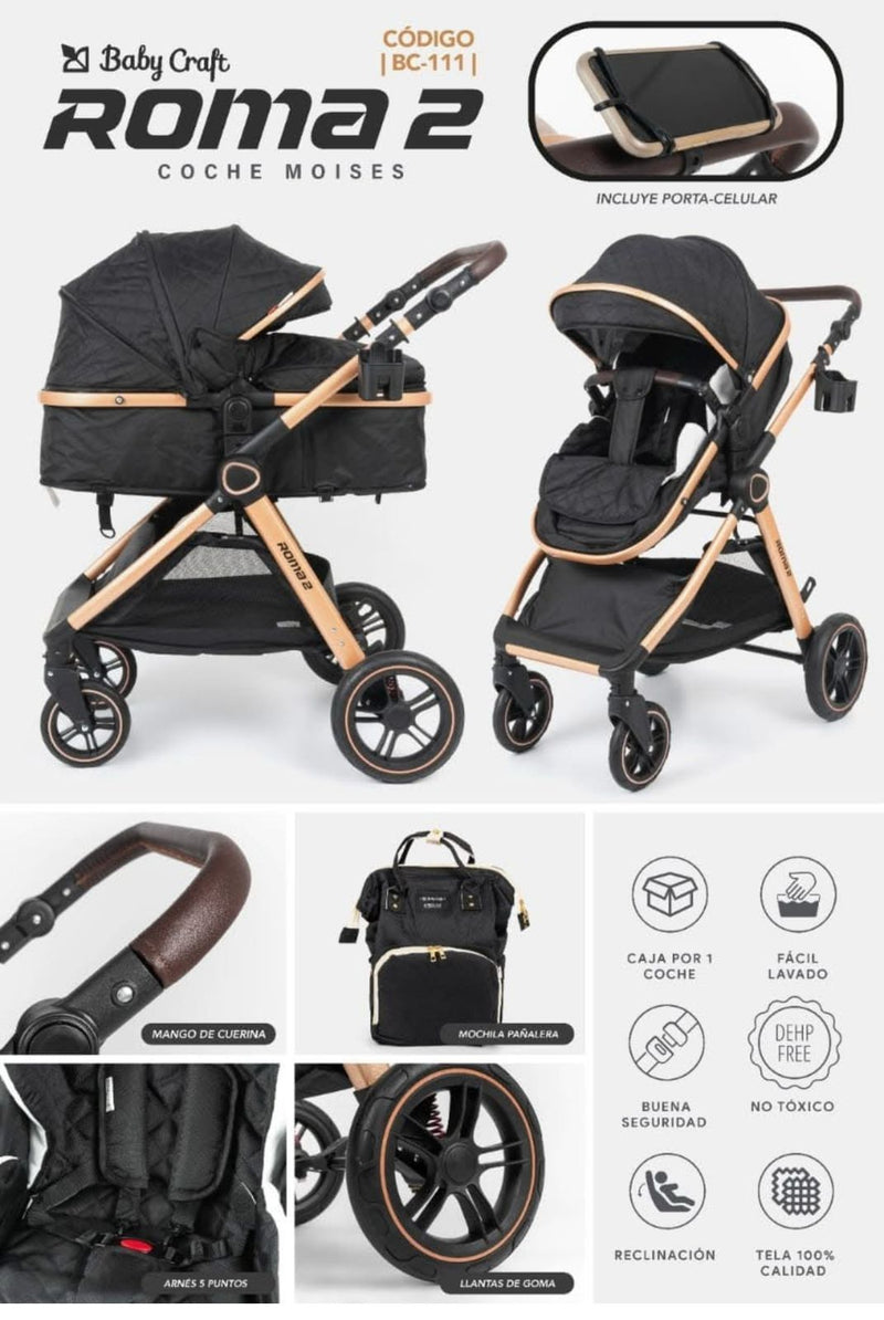 BABYCRAFT CARRITO MOISES ROMA2+BABY SEAT NEGRO - BC111